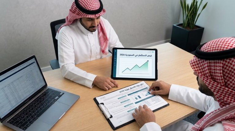 صورة تعبيرية لاجتماع عمل احترافي يجمع رائدين يدرسان أحدث فرص الاستثمار في السعودية 2026 والبيانات المالية